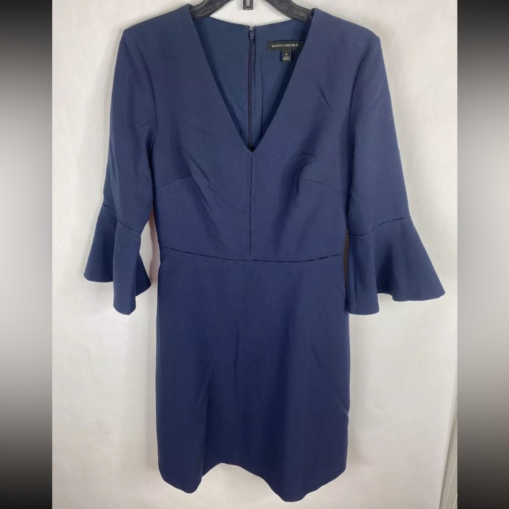 Banana Republic Dress Womens 4 Blue A Line 3/4 Sleeve Lined Stretch V Neck